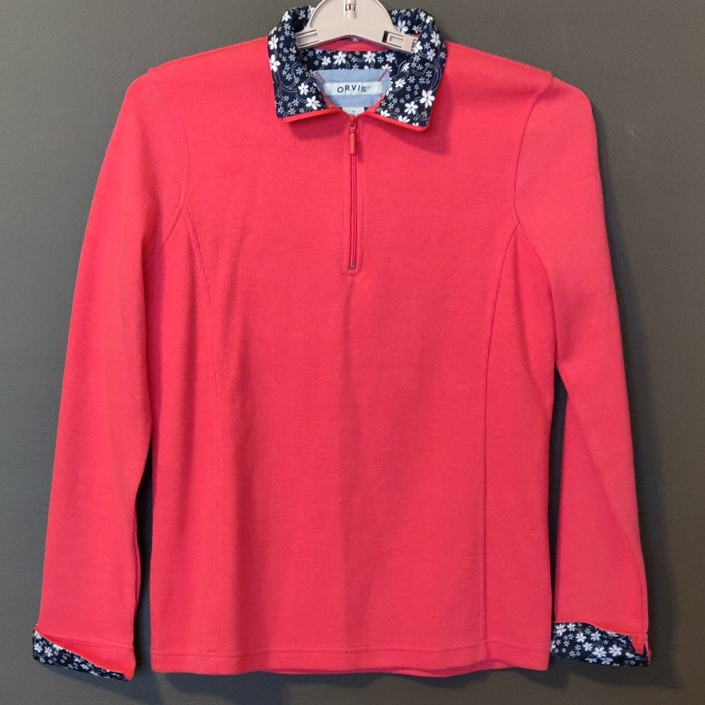 Orvis 1/4 Zip Pullover Coral With Navy And White Collar And Cuff Contras…